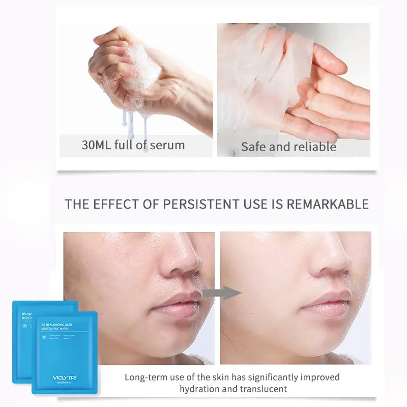 Revitalize skin with VICLYTRI's B5 Hyaluronic Acid Face Mask. Deep hydration and wrinkle reduction in one effective sheet mask.