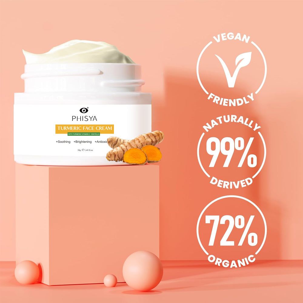 Experience radiance with PHISYA's Turmeric Face Cream, a brightening moisturizer rich in antioxidants for hydrated, even-toned skin.