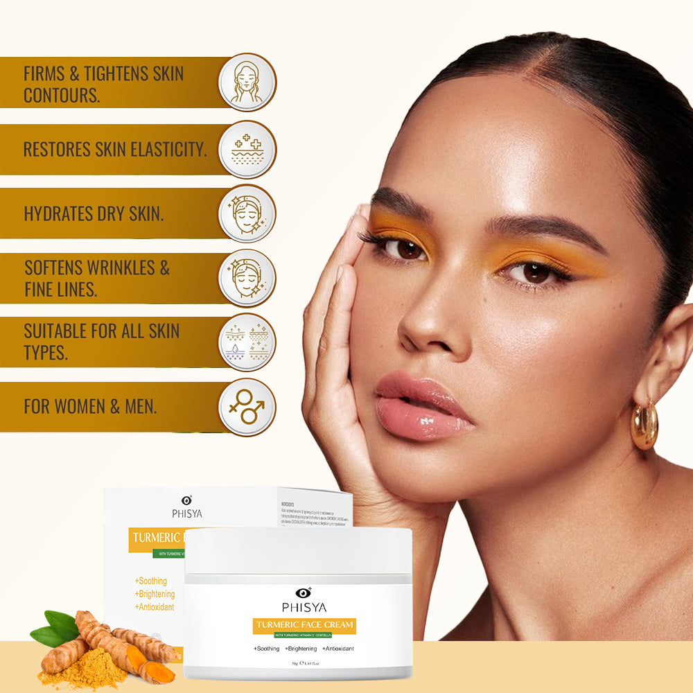 Revitalize your skin with PHISYA Turmeric Face Cream. This brightening moisturizer hydrates, smooths, and protects for a radiant complexion.