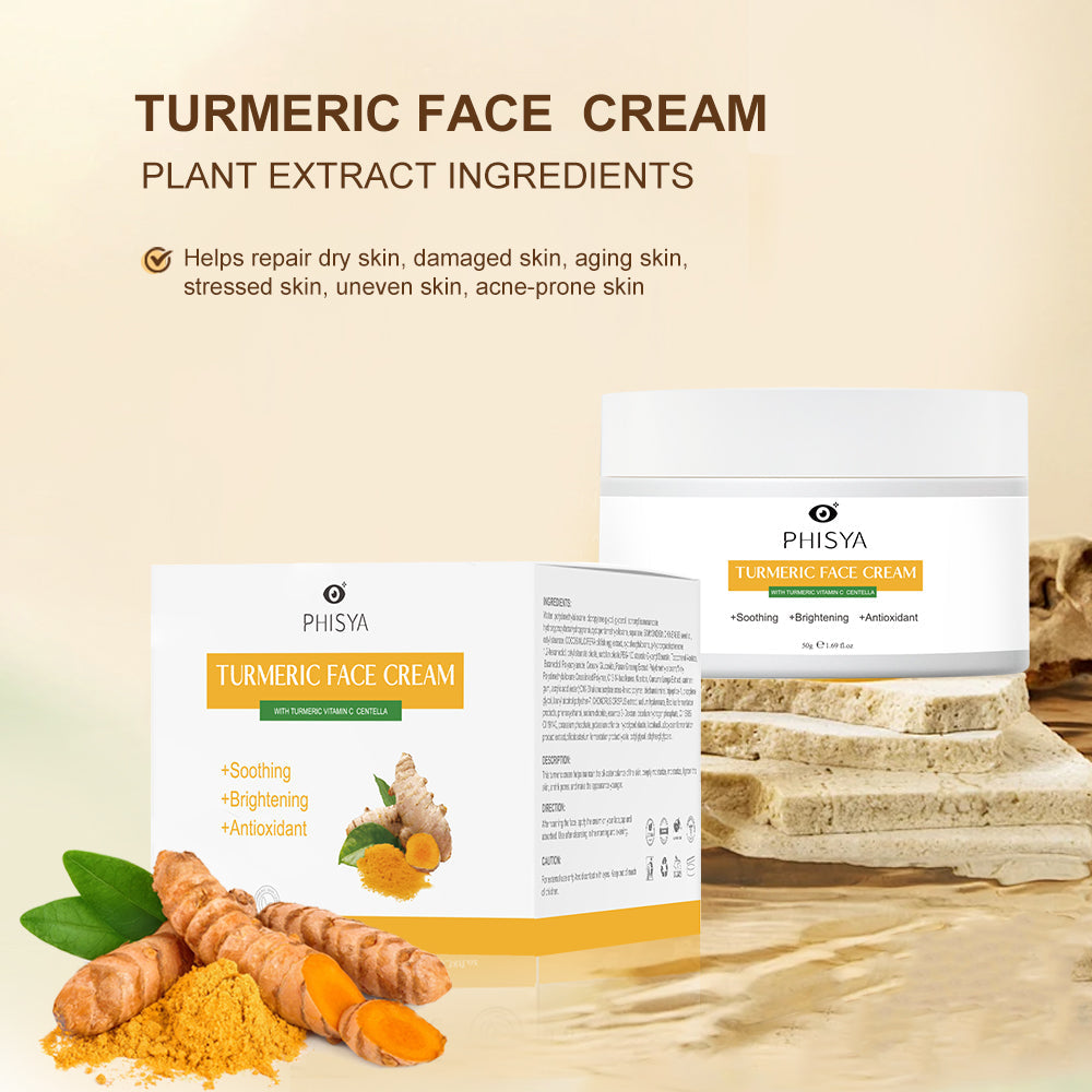 Revitalize your skin with PHISYA Turmeric Face Cream. Hydrating, brightening, and antioxidant-rich for a radiant complexion. Limited-time offer!